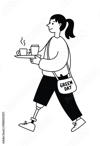 Woman with prosthetic leg carrying a tray of coffee and a "Green Day" bag
