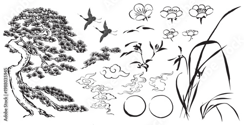 vector of enso circle, Chinese cloud, Bamboo leaves branch, abstract mountain with Chinese ink wash painting in traditional style.