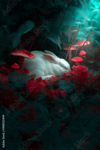 A white rabbit lies in the forest surrounded by red mushrooms