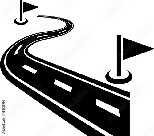 A winding road with two flags