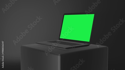 Modern black laptop with a vibrant green screen on a dark pedestal, ideal for technology and design concepts.