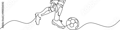 Continuous one line drawing of soccer player legs dribbling a ball, minimalist vector illustration of football boots and ball action for sports tournament