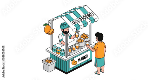At a street drinks stall in India, a vendor wearing a turban hands a refreshing beverage to a customer, showcasing traditional Indian summer drinks with a vibrant and cooling concept