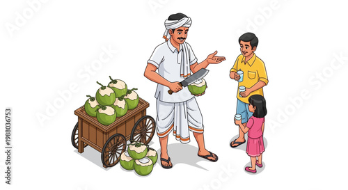 An Indian street vendor, preparing coconut water, a traditional cooling beverage, for customers from a wooden cart filled with fresh coconuts on a white background, creating a refreshing