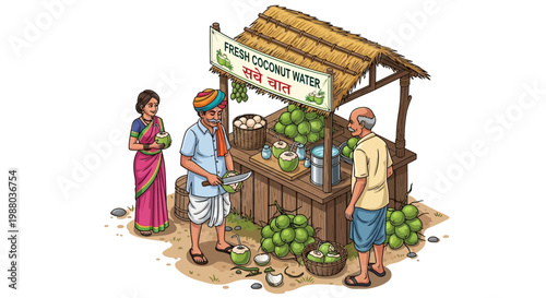 At a rustic stall, a vendor prepares refreshing Indian beverages for customers seeking a summer thirst quencher, showcasing traditional cooling drinks in a vibrant, illustrated style