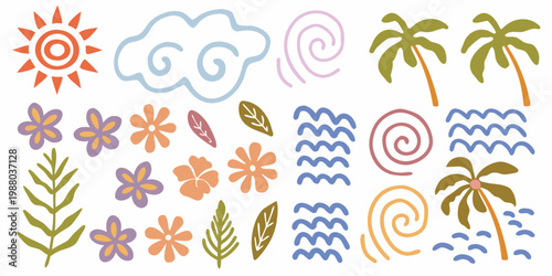 A colorful collection of whimsical hand drawn tropical and floral doodles on a white background