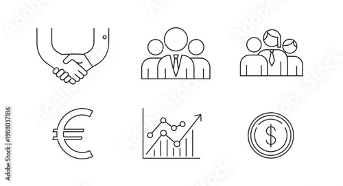 Business Icons Set Handshake Teamwork Euro Graph Dollar Coin.