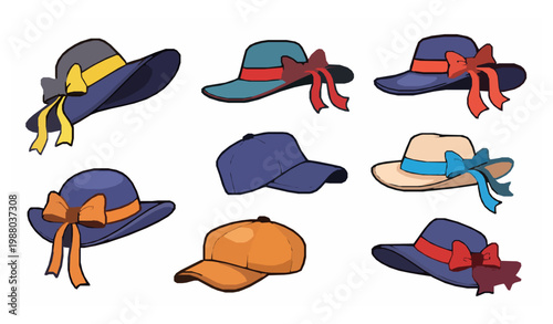Cute fashion hats and caps with ribbons for men and women playful cartoon vector accessory set isolated on white
