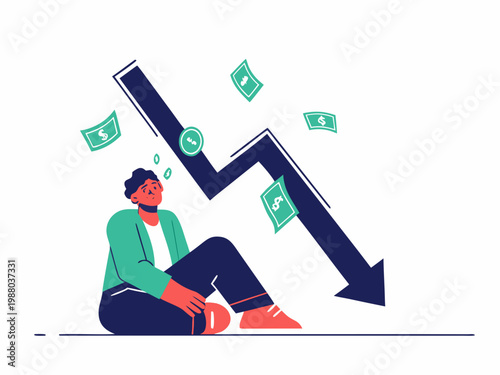 A dejected man sits beneath a sharply declining graph with falling money illustrating financial loss