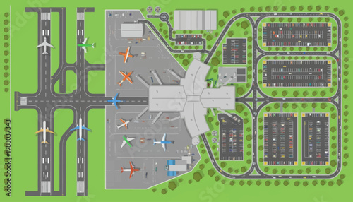 Aerial view of an airport terminal with runways and parking lots