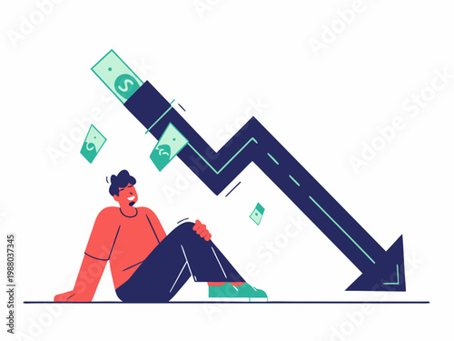 A frustrated man sits beneath a sharply declining graph with falling money symbolizing financial loss