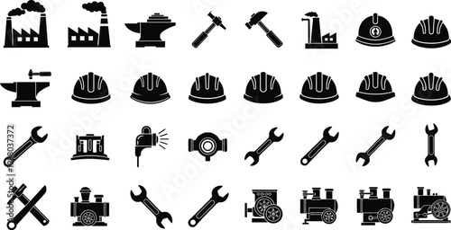 Icons depicting industrial manufacturing show factory buildings, protective helmets, heavy tools, and mechanical hardware.