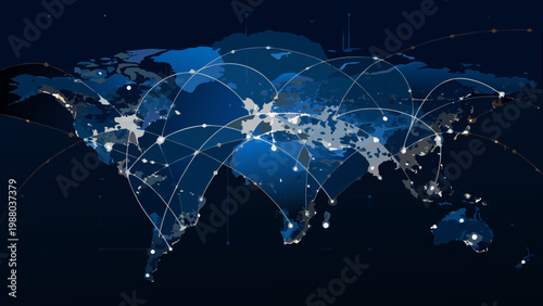 A digital world map showcasing global connections with glowing city lights and network lines