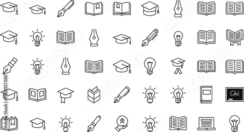 Icons displaying academic themes feature repetitive outlines of textbooks, mortarboards, and light bulbs for educational projects.