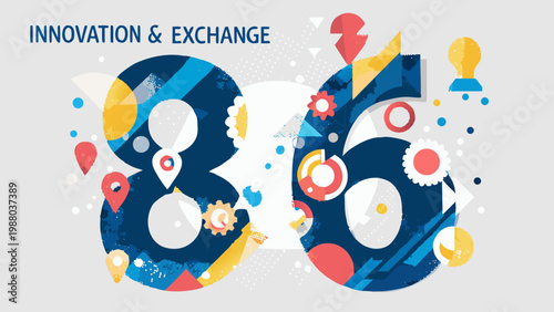Abstract graphic design featuring the numbers 8 and 6 with colorful geometric shapes