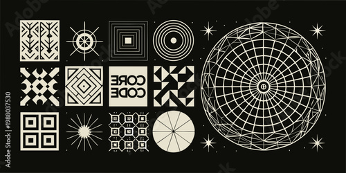 Abstract geometric patterns and shapes in beige and black evoking a digital aesthetic