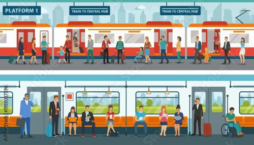 Illustration of people commuting in a modern subway train with orange and white cars