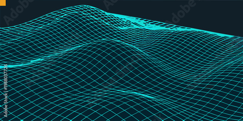 Abstract representation of a landscape formed by glowing interconnected blue wireframe lines