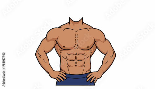 Illustration of a muscular cartoon man with defined abs and biceps standing confidently with hands on hips against a plain white background.