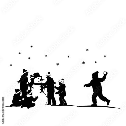 Children Building Snowman Silhouette, Winter Fun Activity, Snowball Fight