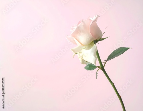 A single white rose against a soft pink background