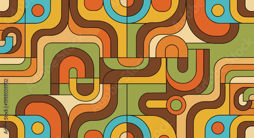 Retro 70s Abstract Pattern: Geometric Shapes, Wavy Lines, Earth Tones