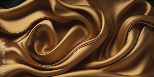 Elegant golden satin fabric flowing with smooth waves on the dark product presentation performance stage, luxurious textile background with copy space.