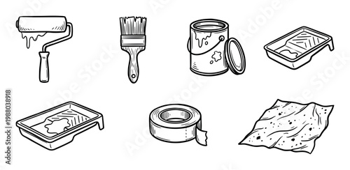 Painting tools and supplies collection featuring hand-drawn illustrations of equipment used for home renovation and artistic endeavors.