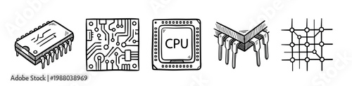 Electronic hardware elements doodle style illustrations set depicting various computer chips, circuit boards, and network diagrams in a hand-drawn, black and white sketch.