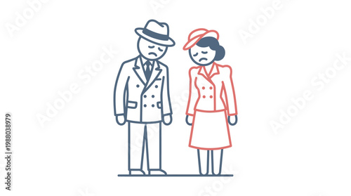 Sad Couple in Vintage Outfits Looking Down