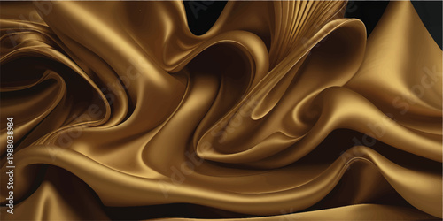 A flowing golden silk and satin fabric background features smooth luxury waves and soft curves in a liquid motion textile design