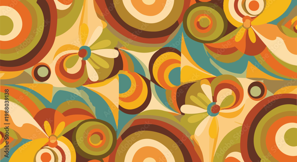 Fototapeta premium Retro 70s Inspired Floral Pattern: Psychedelic Swirls and Circles
