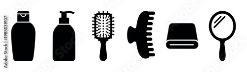 Hair and personal care items icon set featuring various beauty and hygiene products essential for daily grooming routines and self-care.