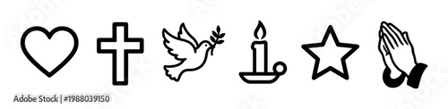 Religious and spiritual symbols icons set featuring a heart, cross, dove, candle, star, and praying hands, representing faith and hope.
