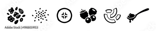 Healthy breakfast food ingredients icon set for nutrition, depicting nuts, seeds, banana, berries, coconut, and a spoon with topping, perfect for diet and wellness concepts.