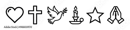 Religious and spiritual symbols icons set featuring heart, cross, dove, candle, star, and praying hands, representing faith, peace, and hope.