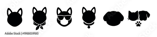 Various dog and cat head silhouettes with different accessories and styles, representing pets and their unique personalities in a minimalist icon set.