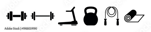 Fitness equipment icons set including dumbbells, treadmill, kettlebell, jump rope, and yoga mat for exercise and workout concepts.