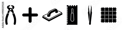 Various tiling tools and construction equipment icons including nippers, grout float, notched trowel, and tile spacers for home improvement projects.