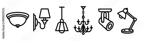 Various indoor lighting fixtures and lamps are depicted as simple line art icons, showcasing different styles and functions for home or office illumination.