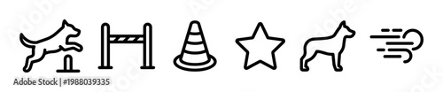 Dog agility training icons set representing various elements of canine performance, competition, and pet exercise activities in a linear style.