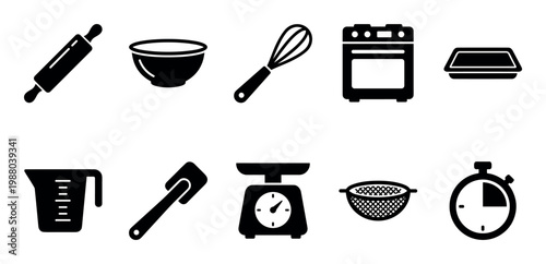 Baking kitchen tools and equipment icons collection for cooking and food preparation projects, illustrating various utensils and appliances.