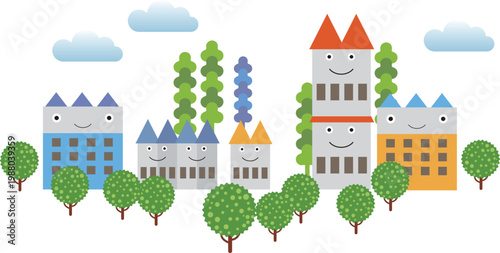 可愛く優しい雰囲気に包まれた温もりある町並みイラスト
