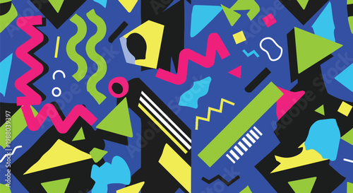 Retro Memphis Style Pattern: Geometric Shapes, Wavy Lines, Vibrant Colors on Blue Background