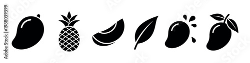 Tropical fruit icons set featuring mango and pineapple in various forms, including whole, sliced, with leaves, and splashes, representing healthy and exotic food.