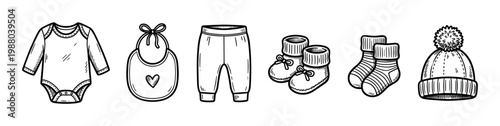 Baby clothes and accessories collection hand drawn sketch illustration featuring various newborn apparel items like a bodysuit, bib, pants, booties, socks, and a beanie hat.