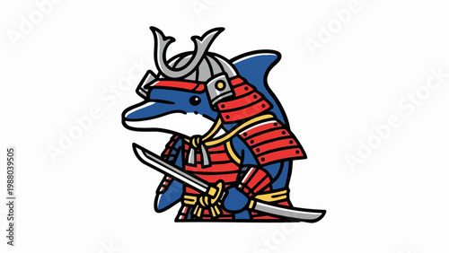 Cute cartoon dolphin wearing traditional Japanese samurai armor with katana sword.