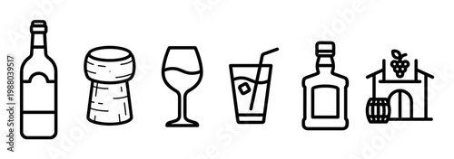 Alcoholic beverages and wine production icons including bottles, glasses, corks, and a winery building, representing the industry.