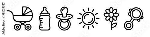 Baby icons set featuring a stroller, bottle, pacifier, sun, flower, and rattle in a clean, modern outline style for various design projects.