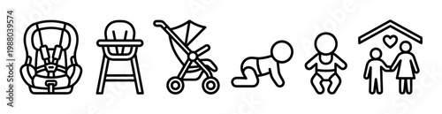 Baby care items and family life icons illustrate essential aspects of early childhood development and parental support in a simple, clear outline style.